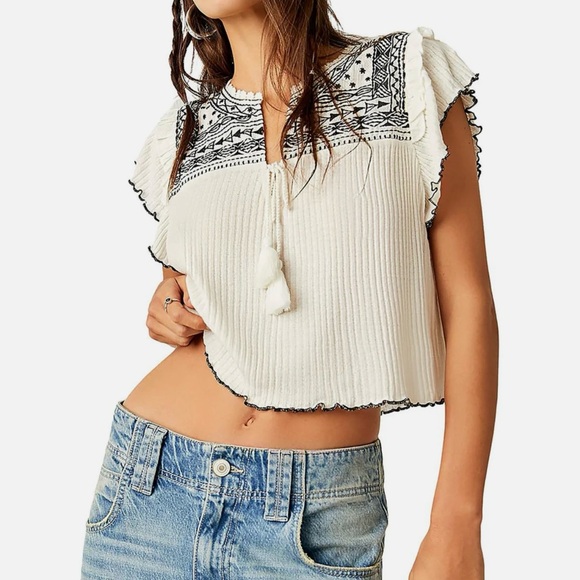 Free People Sarafina Short Sleeve Top in Ivory Combo, Size L NWT - Picture 6 of 6